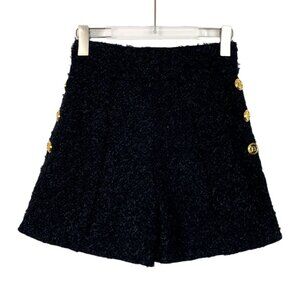 Balmain Black Textured Knit Shorts With Gold Button Detail & Side Zipper Size 34